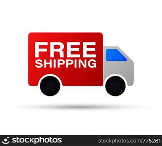 Free shipping concept. Delivery truck transporting a cardboard package. Vector illustration.. Free shipping concept. Delivery truck transporting a cardboard package. Vector stock illustration.