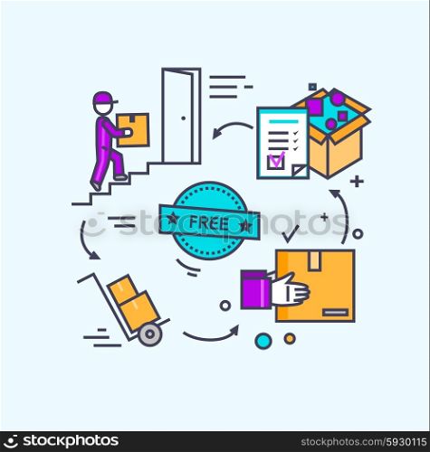 Free shipping concept icon flat design. Delivery order, service transportation, cargo logistic, package box, fast courier, deliver parcel, industry packaging illustration