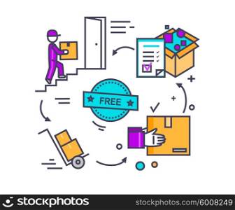 Free shipping concept icon flat design. Delivery order, service transportation, cargo logistic, package box, fast courier, deliver parcel, industry packaging. Thin, line, outline icons