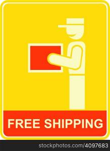 Free shipping - Laughing man in uniform carrying a large box. Icon for decoration promotional items. Stylized funny vector sign.