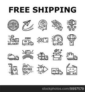 Free Shipping Service Collection Icons Set Vector. Delivery Boy And Truck, Aircraft Worldwide Free Shipping And Warehouse Storage Black Contour Illustrations. Free Shipping Service Collection Icons Set Vector