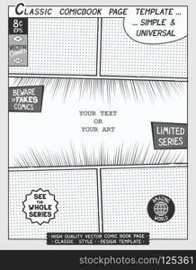 Free space Comic book page template. Comics layout and action with speed lines,  halftone background and other elements.. Comic book style template