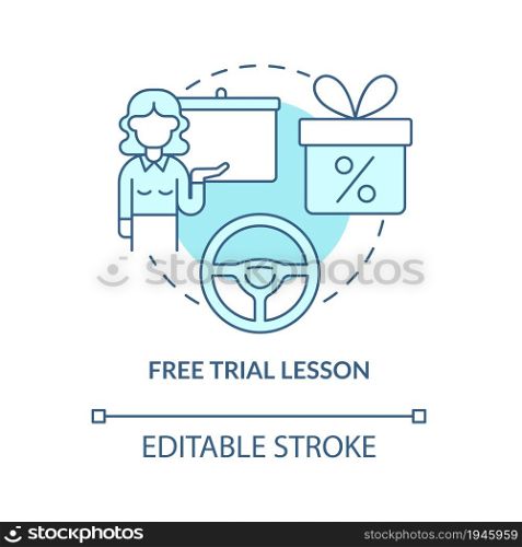 Free trial lesson blue concept icon. Driving school offer abstract idea thin line illustration. Automobile riding course. Test class. Vector isolated outline color drawing. Editable stroke. Free trial lesson blue concept icon
