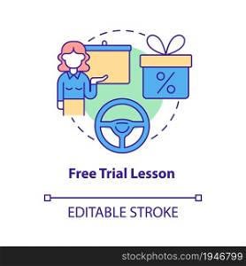 Free trial lesson concept icon. Driving school offer abstract idea thin line illustration. Automobile riding course. Test class. Vector isolated outline color drawing. Editable stroke. Free trial lesson concept icon