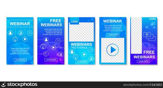 Free Webinar with Icons Set of Templates for Social Media. Concept of Online Distant Education Banners Vector Illustration. Webcast, Livestream, Online Event. Real-time Collaboration via Internet.