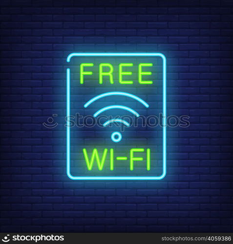 Free wi-fi neon sign. Wi-fi access sign in blue rectangle. Night bright advertisement. Vector illustration in neon style for cafe and connection