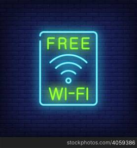 Free wi-fi neon sign. Wi-fi access sign in blue rectangle. Night bright advertisement. Vector illustration in neon style for cafe and connection