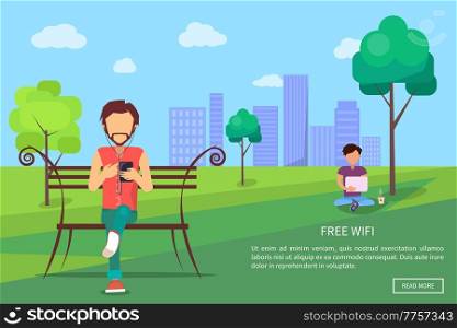 Free Wi-fi zone in city park on background of skyscrapers web banner. People using modern computer technologies, internet addiction concept. People in Park Using Modern Computer Technologies