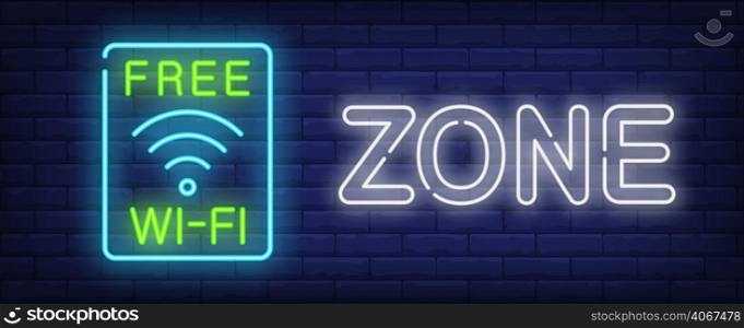 Free wi-fi zone neon sign. Wireless wav symbol in blue frame on dark brick wall. Vector illustration in neon style for public internet or wireless access point