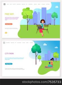 Free wife zone and city park web posters. Woman sitting on bench with laptop, freelance working on computer under trees on blanket vector websites. Free Wife Zone and City Park Web Posters. Woman