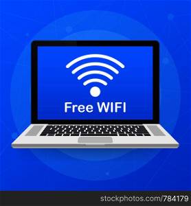 Free Wifi Sign With laptop. Vector stock illustration.