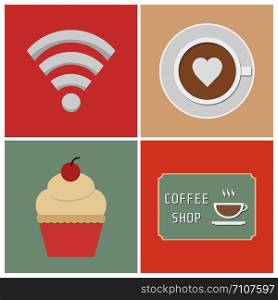 free wifi symbol, cup of coffee, cake andsign