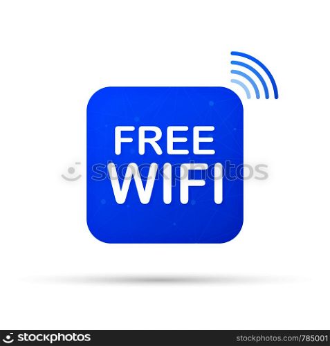 Free wifi zone blue icon. Free wifi here sign concept. Vector illustration.. Free wifi zone blue icon. Free wifi here sign concept. Vector stock illustration.