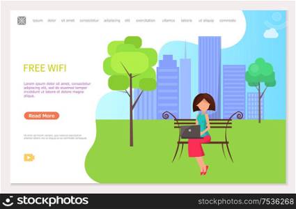 Free wifi zone in city park, woman sitting on bench working at laptop. Web page template with freelance worker with notebook on backdrop of buildings, vector. Free Wifi Zone in City Park Woman Sitting on Bench
