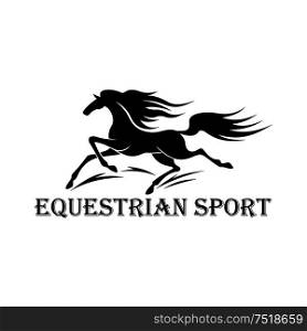 Free wild mustang stallion symbol for horse racing or motorsport design usage with black silhouette of running horse and caption Equestrian Sport below. Horse racing symbol with running wild mustang