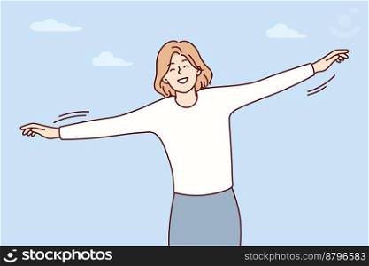 Free woman spreads arms to sides standing on background of sky with clouds depicts flight of bird. Carefree smiling girl imagines that she is airplane and tries to take off. Flat vector design . Free woman standing on background of sky with clouds depicts flight of bird. Vector image