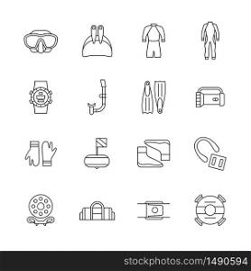 Freediving icons. Flippers, mask, wetsuit and other diving equipment. Vector illustration on thin line style isolated on white background for infographics or web use. Editable stroke. Freediving icons. Flippers, mask, wetsuit and other diving equipment. Vector illustration on thin line style