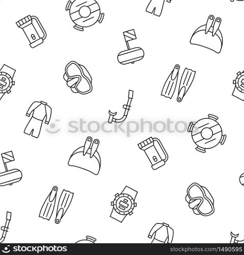 Freediving seamless pattern. Flippers, mask, wetsuit and other diving equipment. Vector illustration on white background. Freediving seamless pattern. Flippers, mask, wetsuit and other diving equipment. Vector illustration