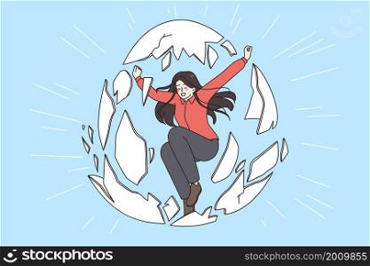 Freedom and breaking shell concept. Young positive woman jumping out of broken egg shell feeling excited and free vector illustration . Freedom and breaking shell concept.