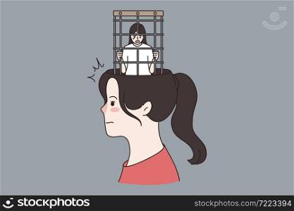 Freedom and mental health concept. Profile of young woman with prisoner in cage instead of brain and head vector illustration . Freedom and mental health concept.