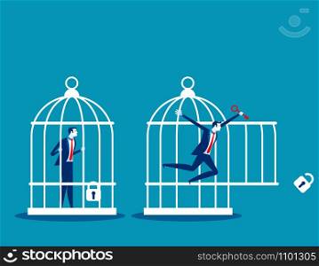 Freedom concept. Business team locked and key free himself from cage. Concept business vector illustration.