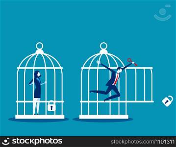 Freedom concept. Business team locked and key free himself from cage. Concept business vector illustration.