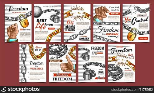 Freedom Control Advertising Posters Set Vector. Heavy Metallic Chain With Ball And Padlock And Man Gestures Freedom Symbols. Collection Of Banners Template Hand Drawn In Vintage Style Illustrations. Freedom Control Advertising Posters Set Vector