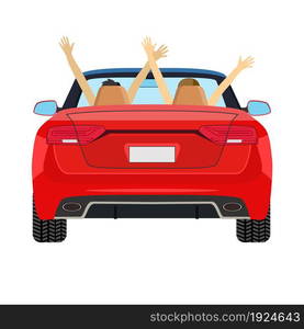 Freedom happy free couple in car driving in car cheering joyful with arms raised. vector illustration in flat design. couple in car driving with arms raised.