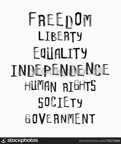 Freedom, independence, equality concept, word cloud in uneven vintage stamp style