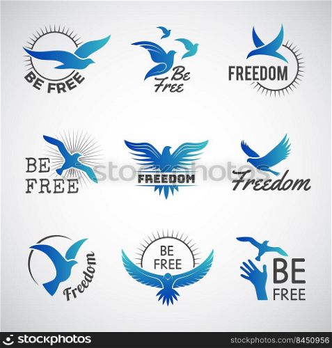 Freedom logo. Business identity symbols with flying birds silhouettes and writing positive inspiration phrases recent vector templates set. Illustration of bird logos business. Freedom logo. Business identity symbols with flying birds silhouettes and writing positive inspiration phrases recent vector templates set