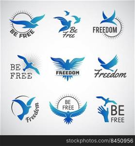 Freedom logo. Business identity symbols with flying birds silhouettes and writing positive inspiration phrases recent vector templates set. Illustration of bird logos business. Freedom logo. Business identity symbols with flying birds silhouettes and writing positive inspiration phrases recent vector templates set