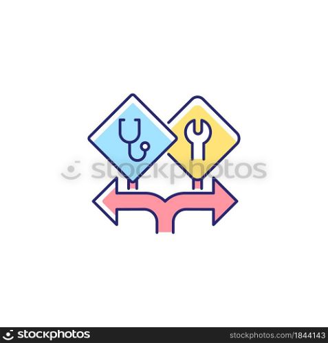 Freedom of choice RGB color icon. Career option for girls. Female empowerment. High-potential women. Equal opportunities to education. Isolated vector illustration. Simple filled line drawing. Freedom of choice RGB color icon