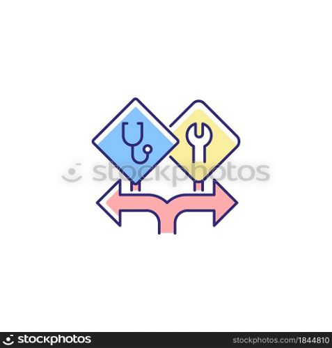 Freedom of choice RGB color icon. Career option for girls. Female empowerment. High-potential women. Equal opportunities to education. Isolated vector illustration. Simple filled line drawing. Freedom of choice RGB color icon