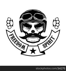 Freedom spirit. Skull with moustache in motorcycle helmet. T-shirt print template. Design element in vector.