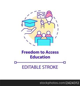 Freedom to access education concept icon. Obtain knowledge. Refugee right abstract idea thin line illustration. Isolated outline drawing. Editable stroke. Arial, Myriad Pro-Bold fonts used. Freedom to access education concept icon