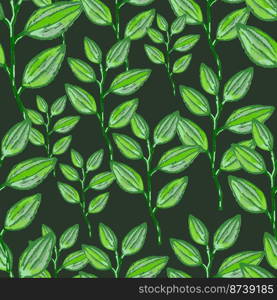 Freehand branches with leaves seamless pattern. Hand drawn organic background. Decorative forest leaf endless wallpaper. Design for fabric, textile print, wrapping, cover. Vector illustration.. Freehand branches with leaves seamless pattern. Hand drawn organic background. Decorative forest leaf endless wallpaper.