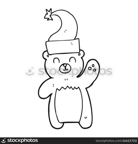 freehand drawing of a black and white cartoon teddy bear waving