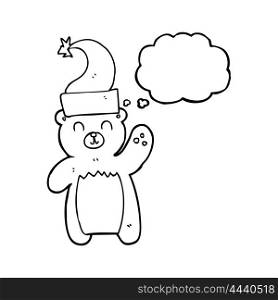 freehand drawing of a thought bubble cartoon teddy bear waving