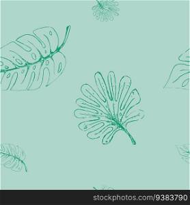 Freehand drawing tropical leaf pattern. Pencil sketch of leaves dark green on pale green. EPS8 vector illustration