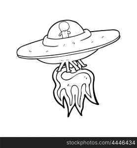 freehand drawn black and white cartoon alien flying saucer