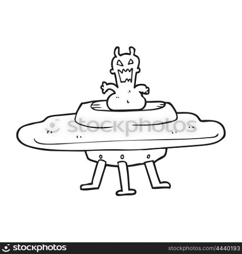 freehand drawn black and white cartoon alien in flying saucer