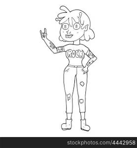 freehand drawn black and white cartoon alien rock fan girl