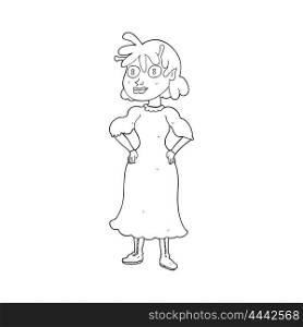 freehand drawn black and white cartoon alien woman