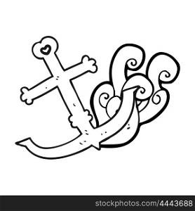 freehand drawn black and white cartoon anchor