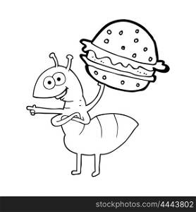 freehand drawn black and white cartoon ant carrying food