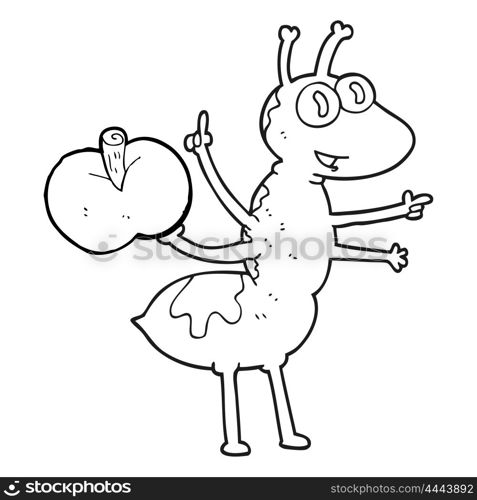 freehand drawn black and white cartoon ant with apple