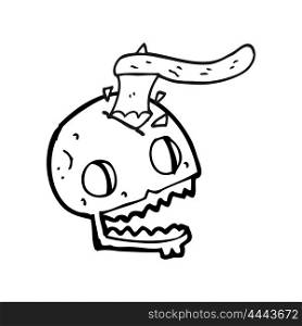 freehand drawn black and white cartoon axe in skull