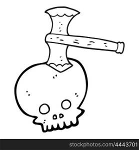 freehand drawn black and white cartoon axe in skull