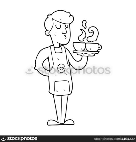 freehand drawn black and white cartoon barista serving coffee