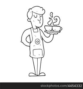 freehand drawn black and white cartoon barista serving coffee